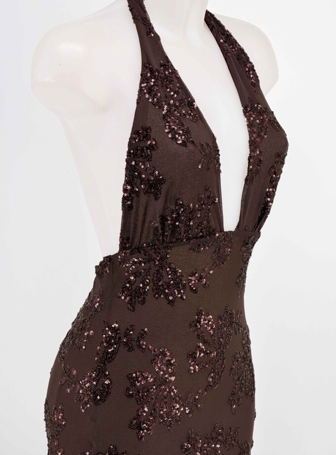 Vestido Lentejuelas Flores Atado Cuello