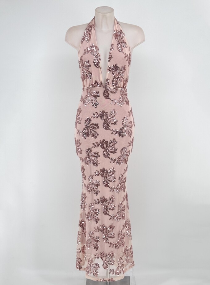 Vestido Lentejuelas Flores Atado Cuello