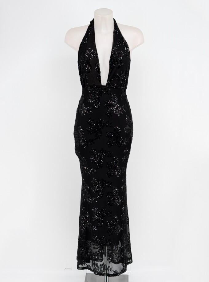 Vestido Lentejuelas Flores Atado Cuello