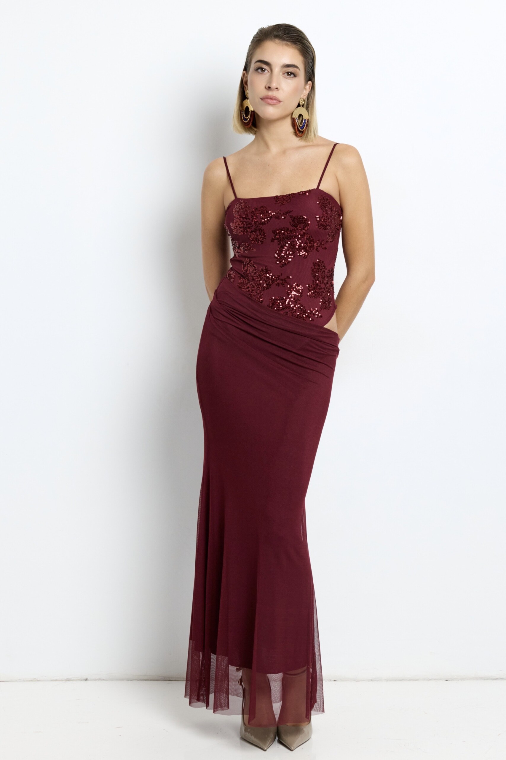 Vestido Lentejuelas Flores Falda Caida