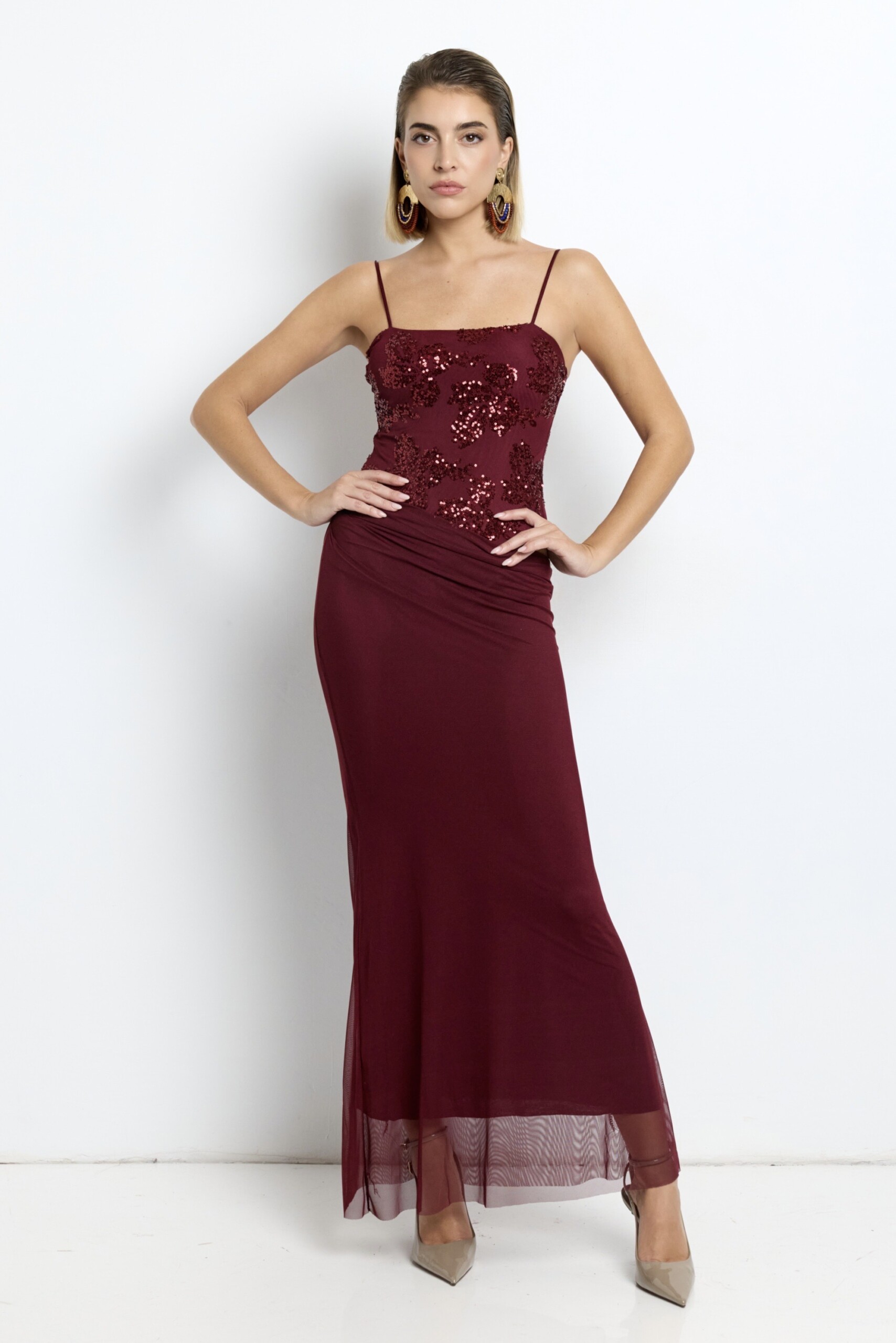 Vestido Lentejuelas Flores Falda Caida