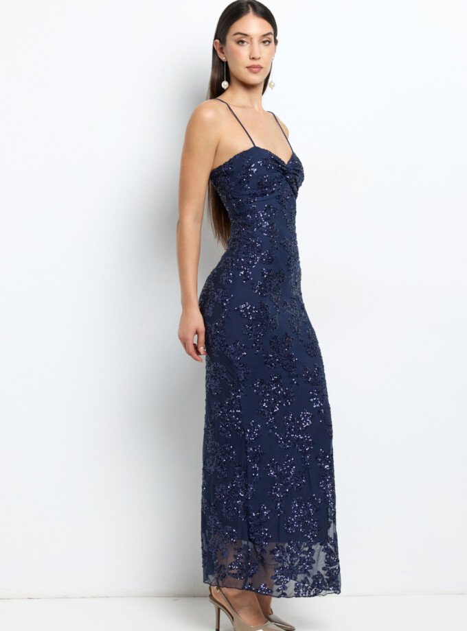 Vestido Lentejuelas Flores Nudo Pecho