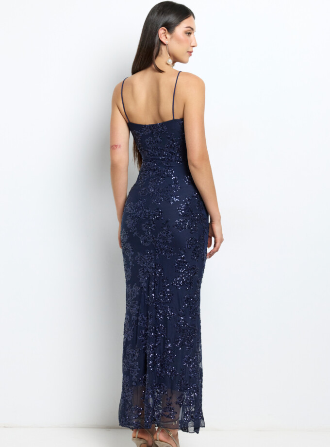 Vestido Lentejuelas Flores Nudo Pecho