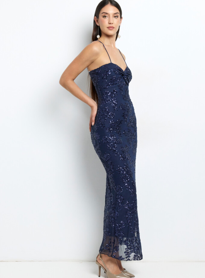 Vestido Lentejuelas Flores Nudo Pecho