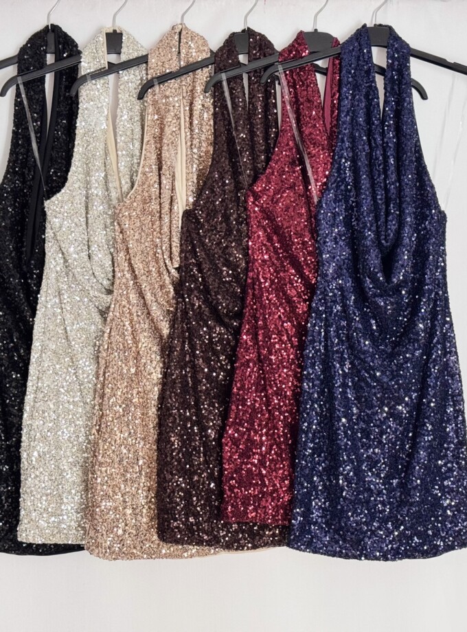 Vestido Lentejuelas Escote Cascada Corto