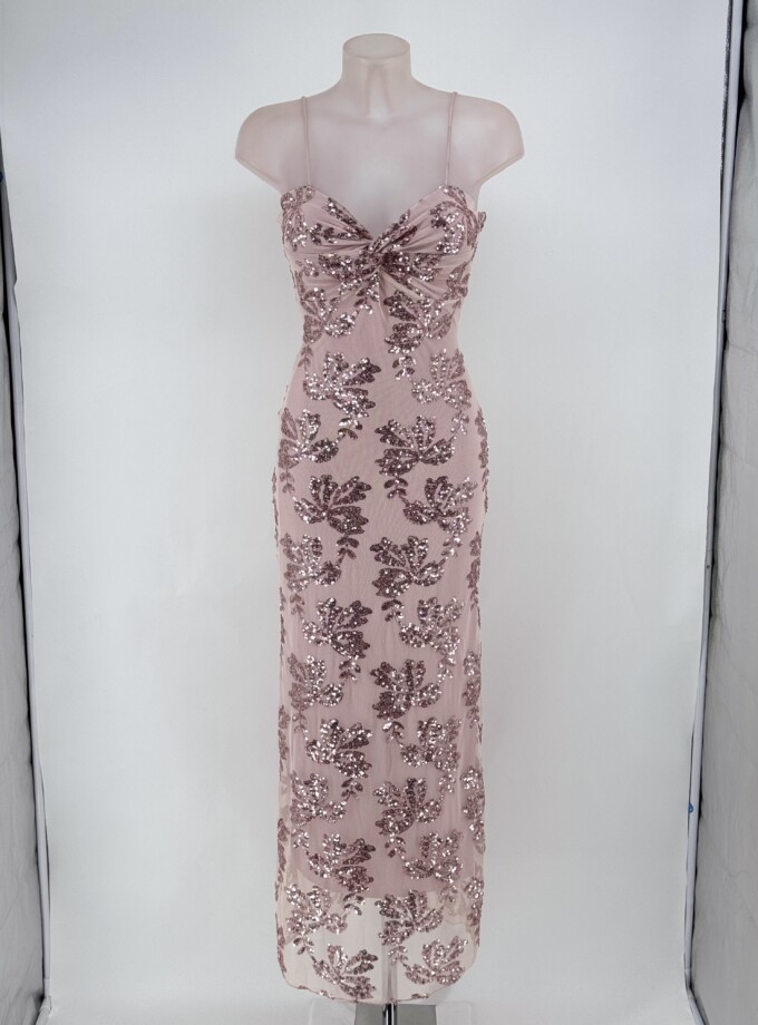 Vestido Lentejuelas Flores Nudo Pecho