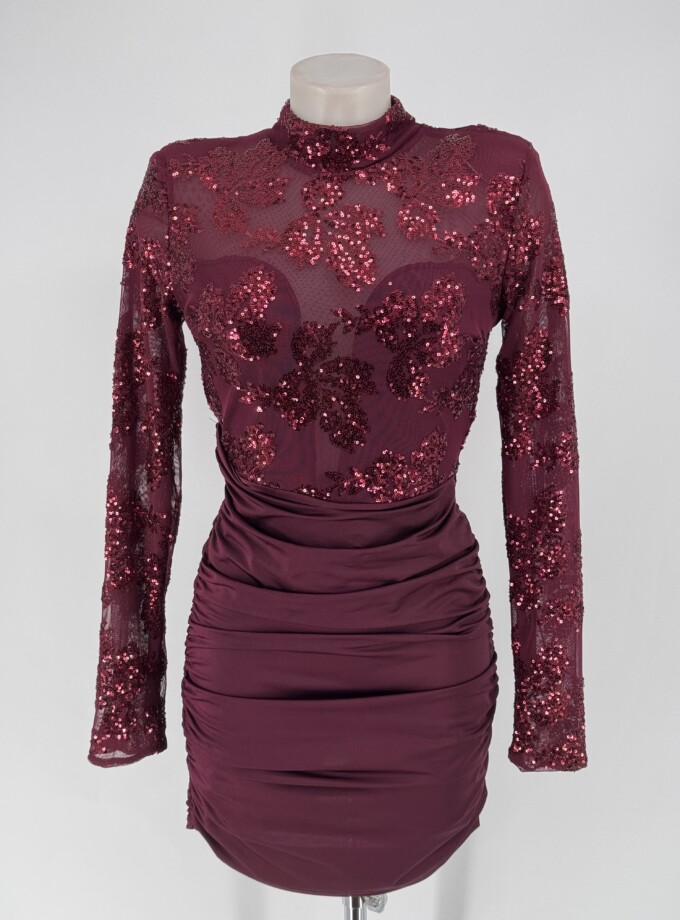 Vestido Lentejuelas Flores Manga Larga