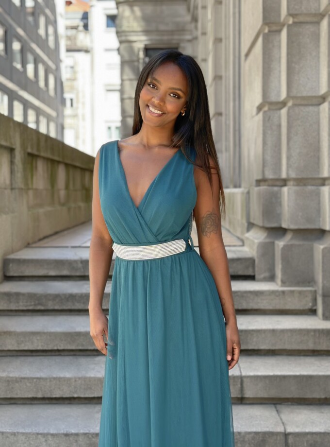 Vestido Tul Basic Cintura Brillos