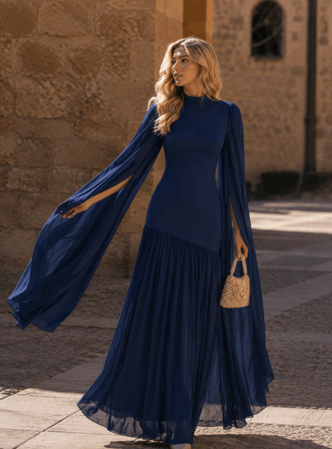 Vestido Sirena Falda Gasa Mangas