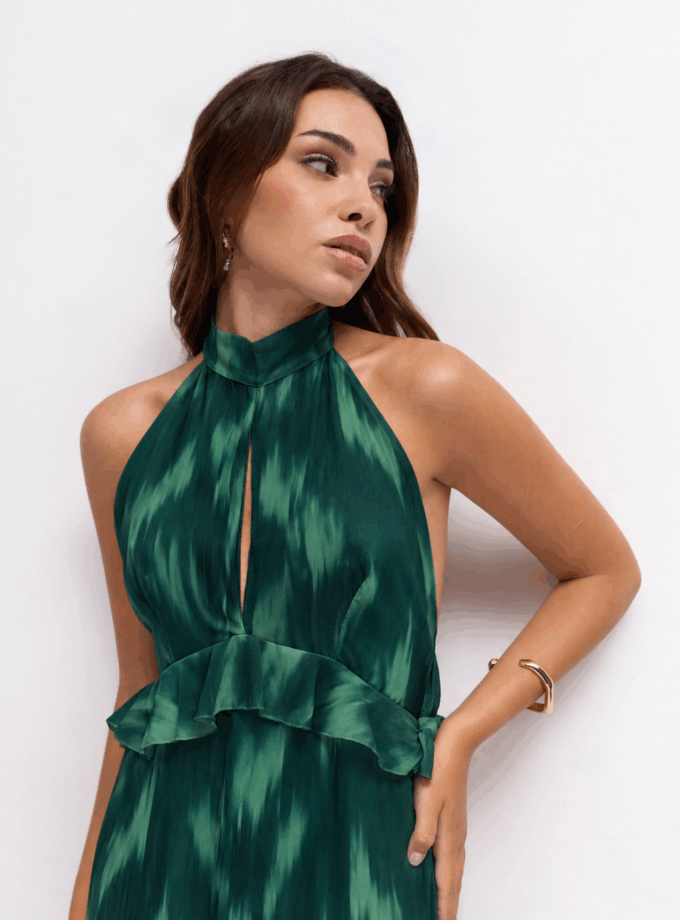 Vestido Gasa Estampado Halter Volantes