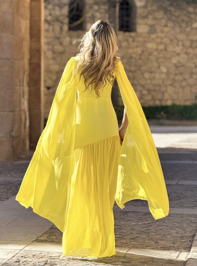 Vestido Sirena Falda Gasa Mangas