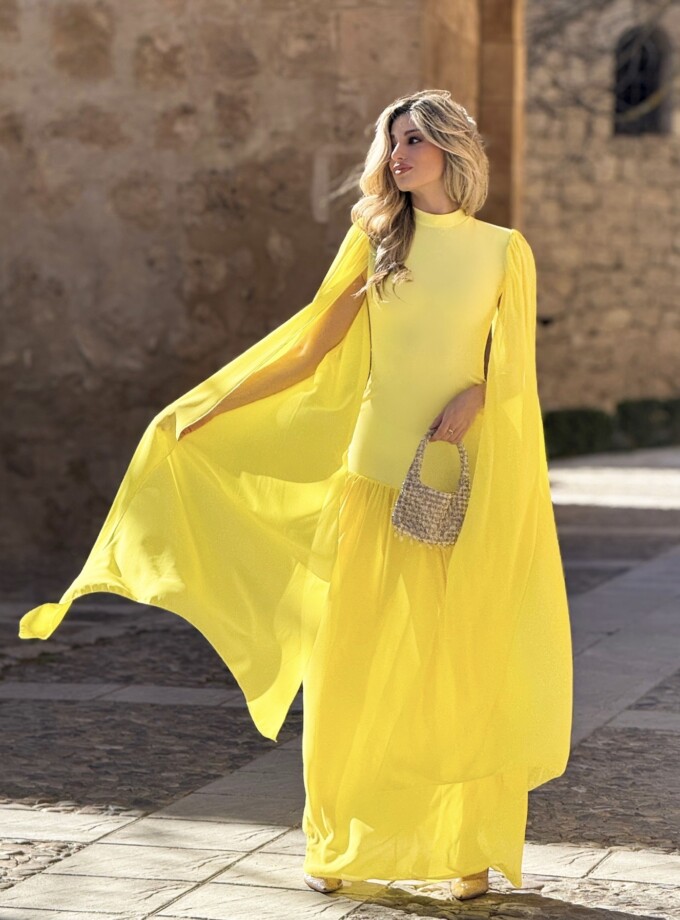 Vestido Sirena Falda Gasa Mangas