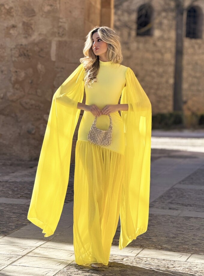 Vestido Sirena Falda Gasa Mangas