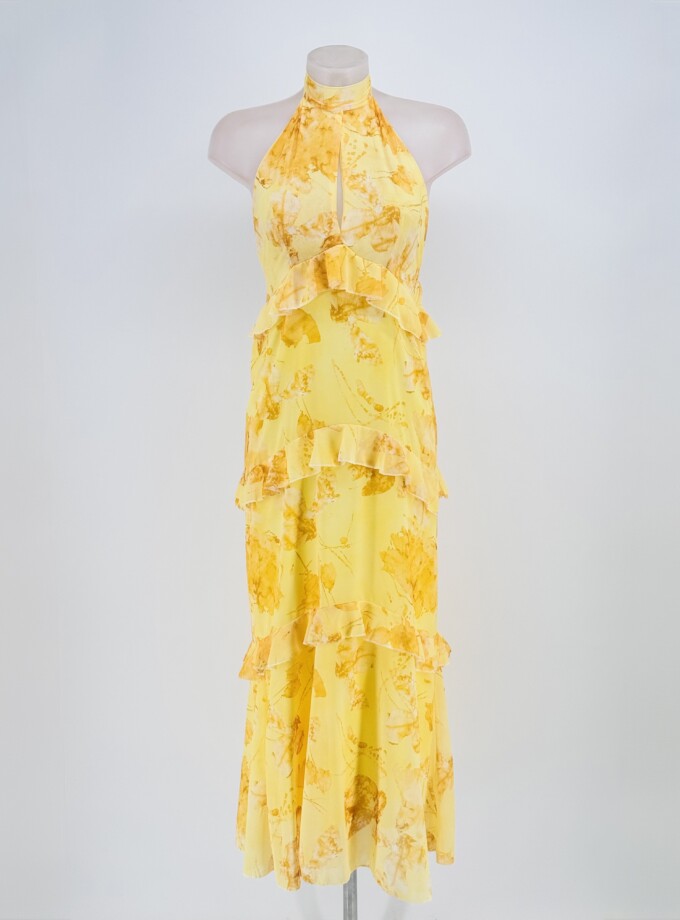 Vestido Gasa Estampado Halter Volantes