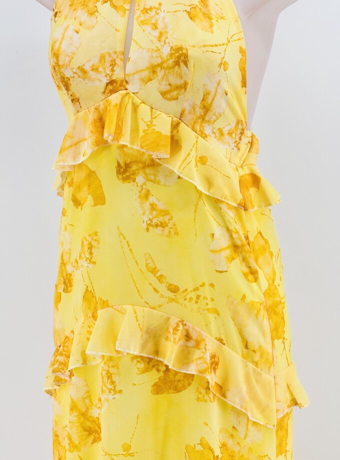 Vestido Gasa Estampado Halter Volantes