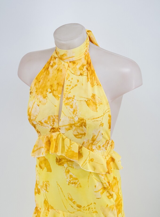 Vestido Gasa Estampado Halter Volantes