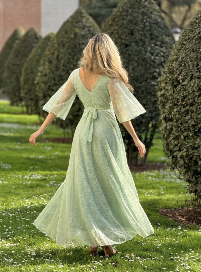 Vestido Tul Encaje Mangas