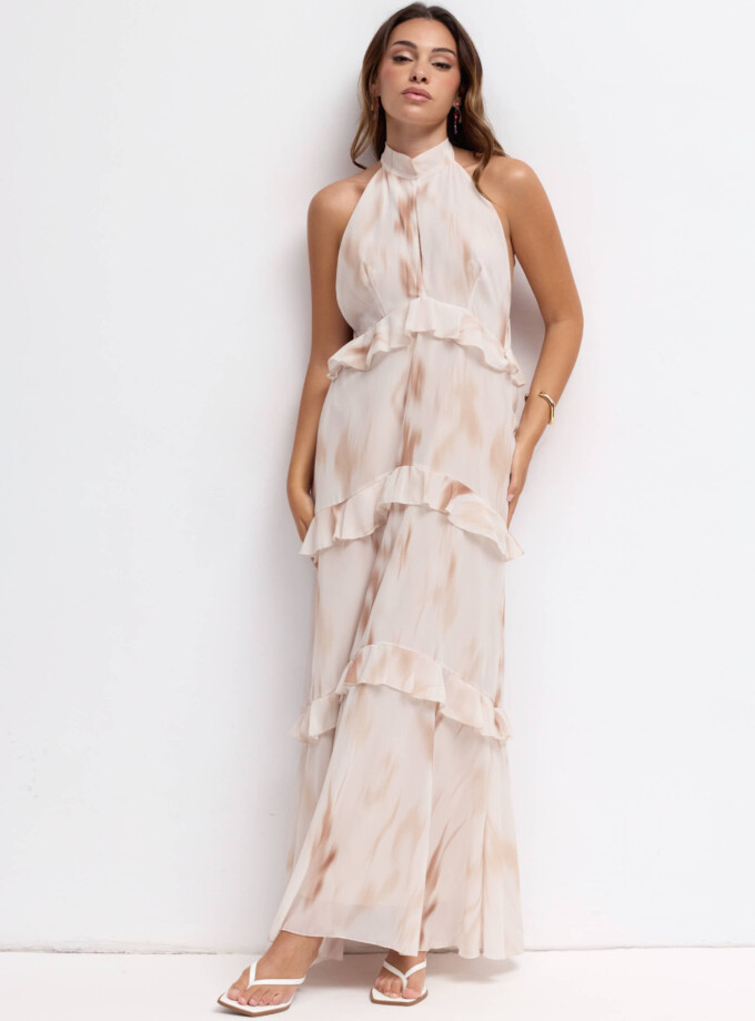 Vestido Gasa Estampado Halter Volantes