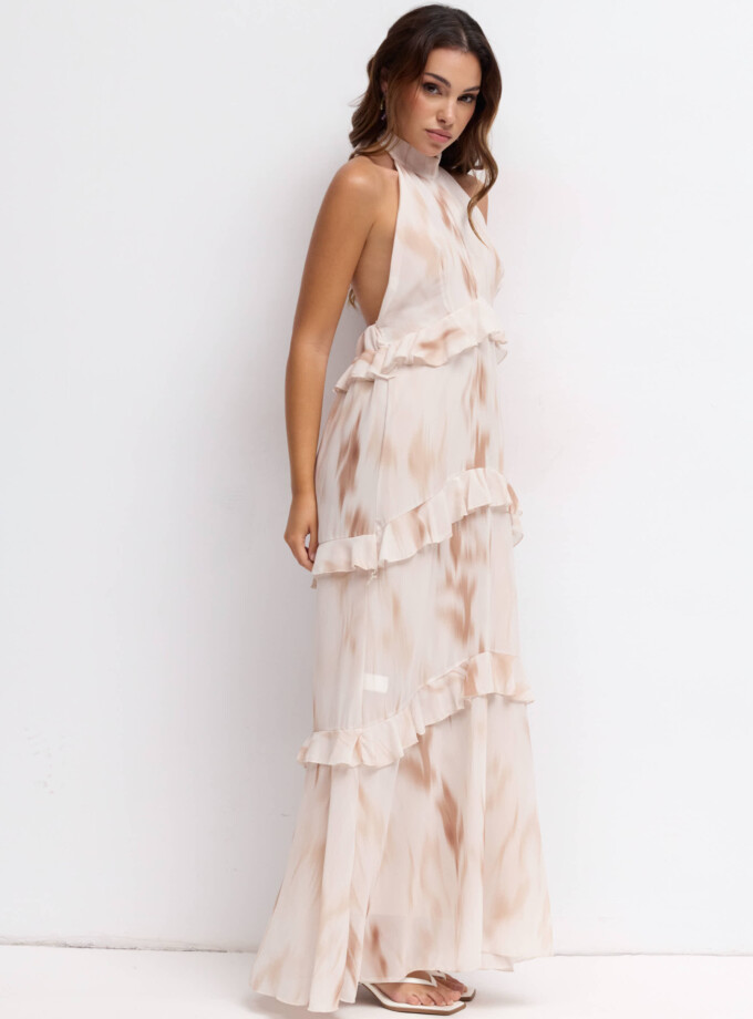 Vestido Gasa Estampado Halter Volantes