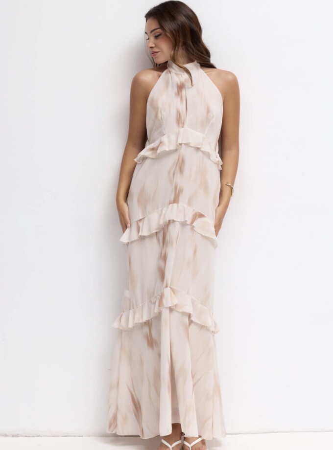 Vestido Gasa Estampado Halter Volantes