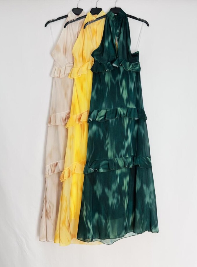 Vestido Gasa Estampado Halter Volantes