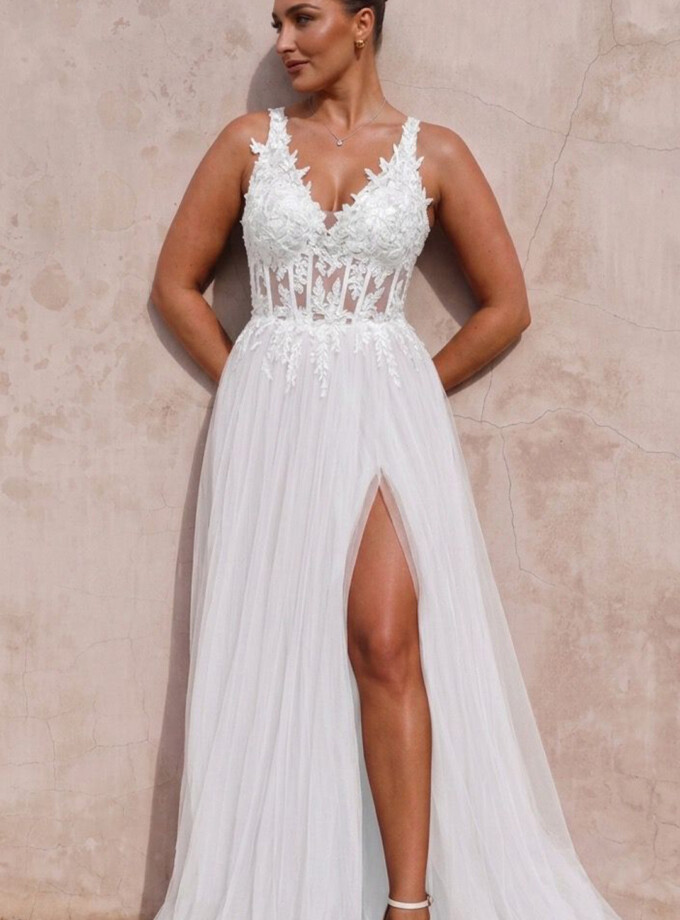 Vestido Tul Largo Corsé Abertura Novia