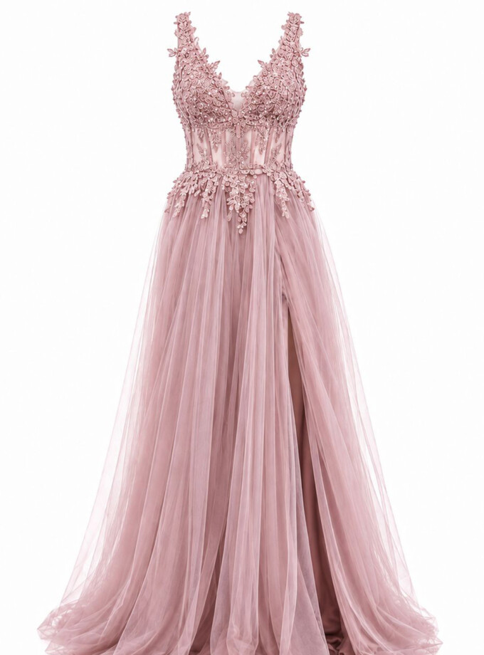 Vestido Tul Largo Corsé Abertura