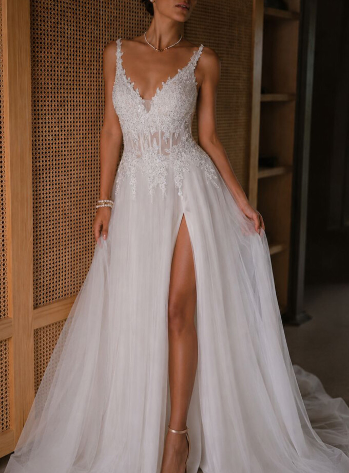 Vestido Tul Largo Corsé Abertura Novia Curvy