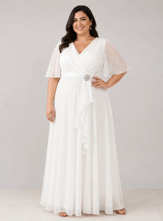 Vestido Capa Broche Flor Escote Curvy Novia