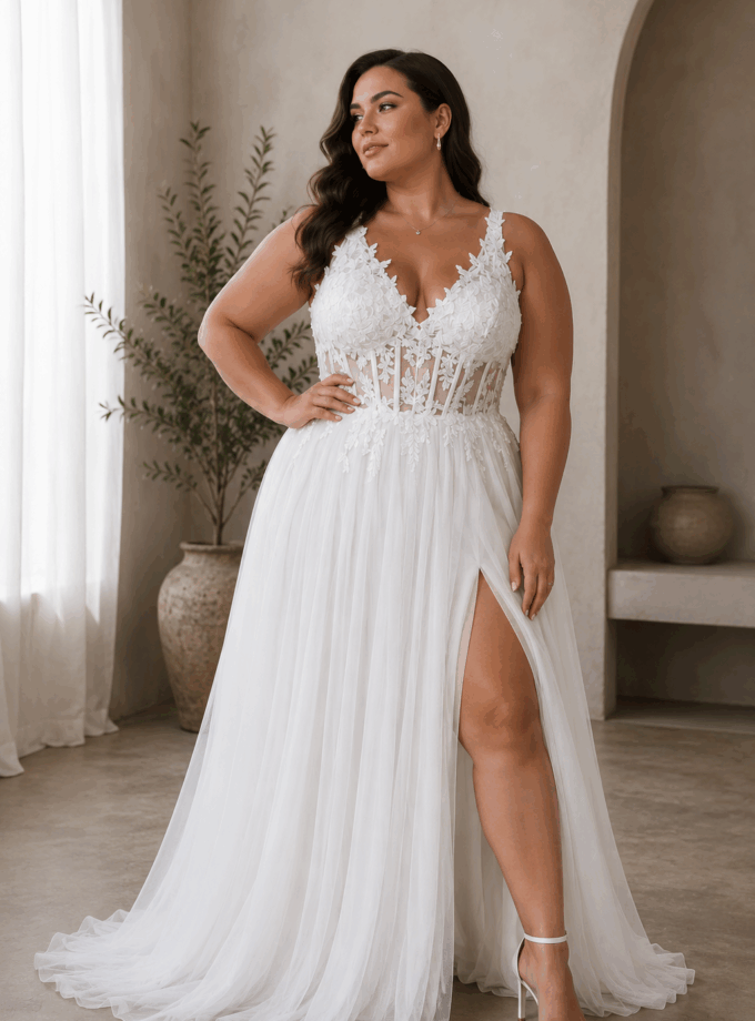 Vestido Tul Largo Corsé Abertura Novia Curvy