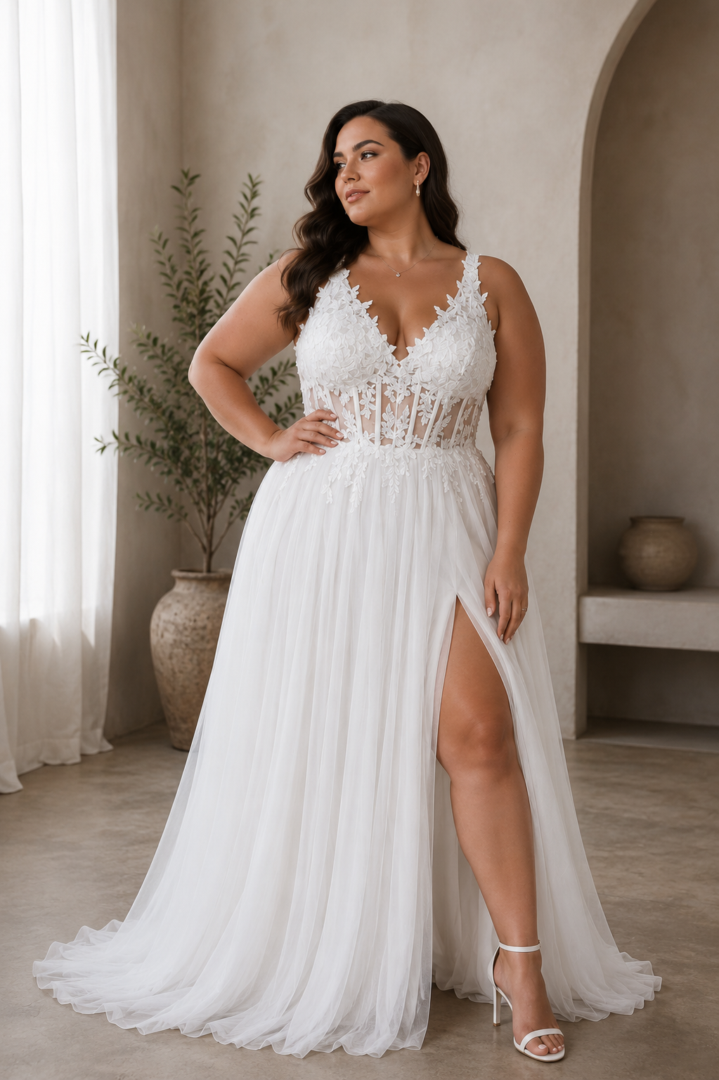 Vestido Tul Largo Corsé Abertura Novia Curvy