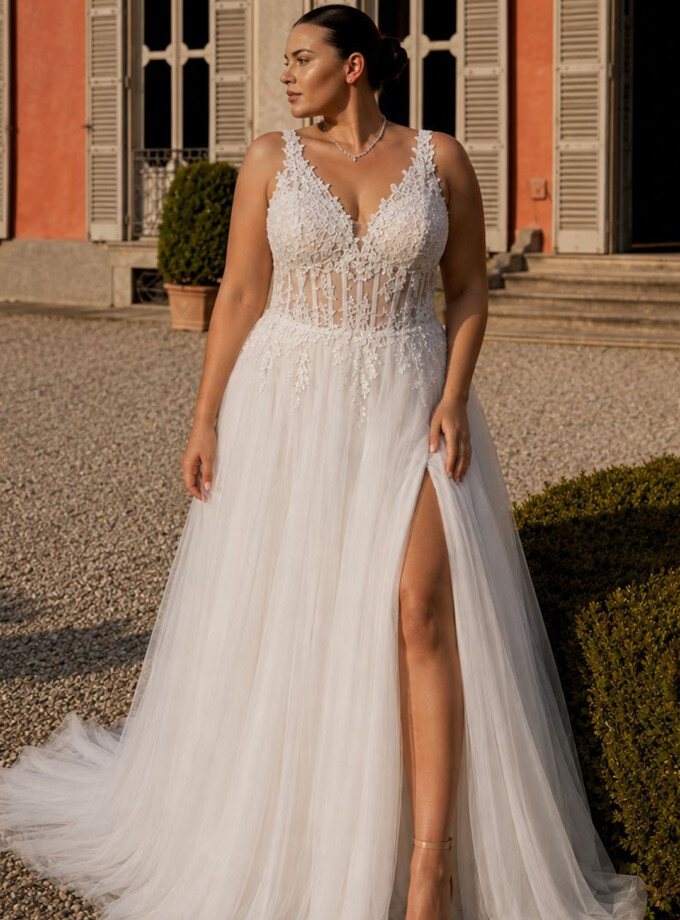 Vestido Tul Largo Corsé Abertura Novia Curvy