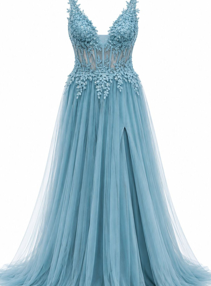 Vestido Tul Largo Corsé Abertura