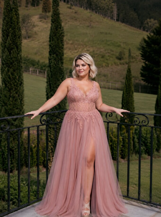 Vestido Tul Largo Corsé Abertura Curvy