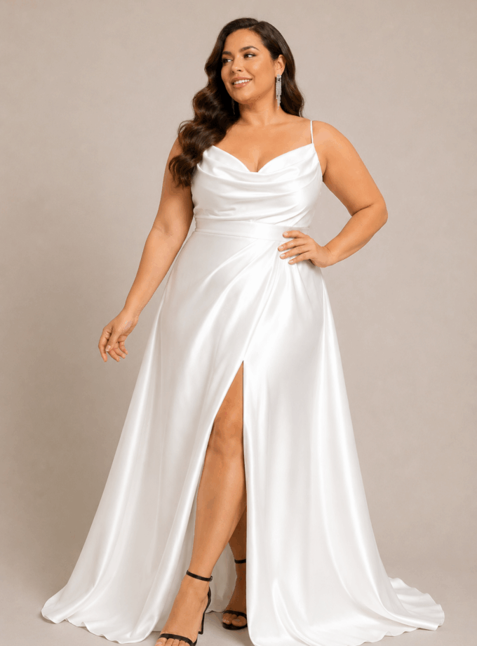 Vestido Seda Escote Cascada Curvy Novia