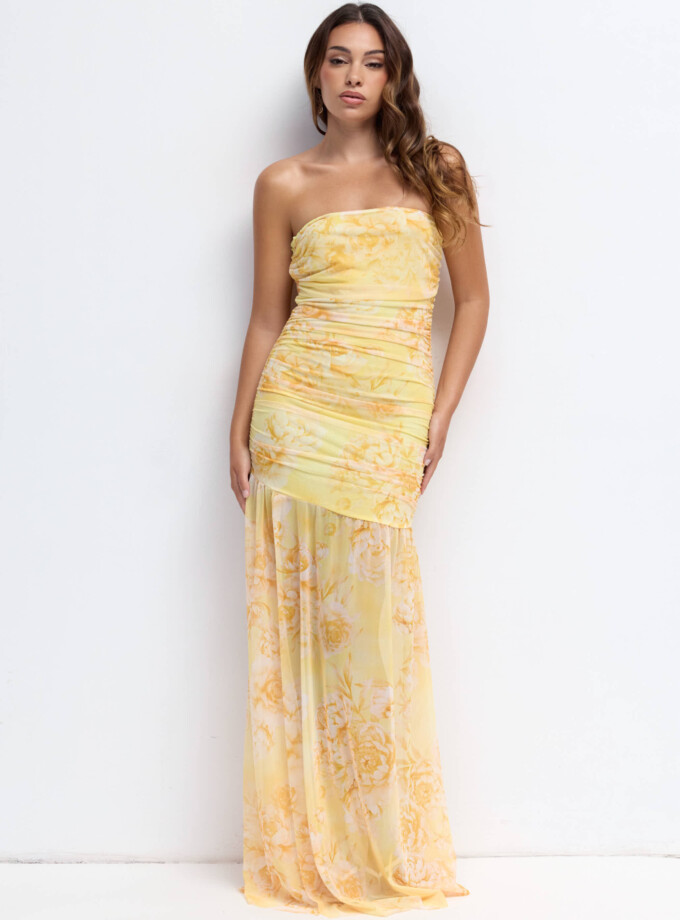 Vestido Tul Palabra Honor Estampado