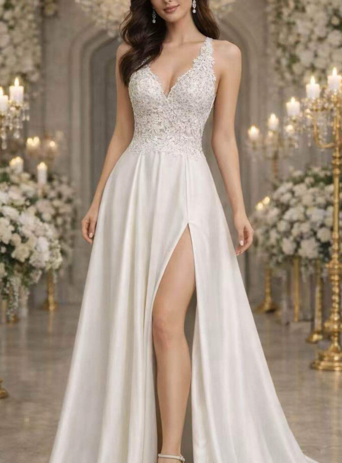 Vestido Encaje Falda Seda Novia