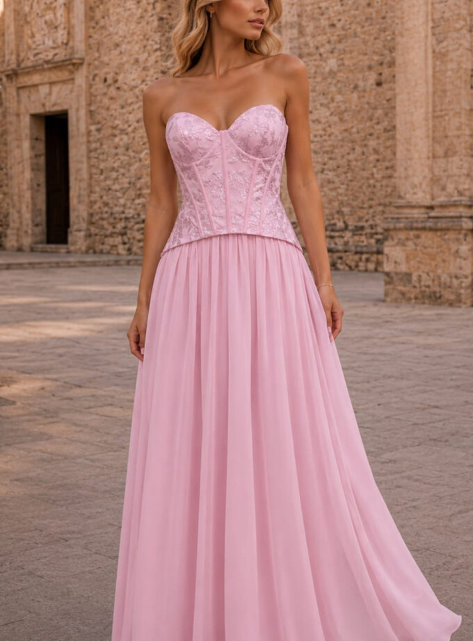Vestido Corsé Lentejuelas Falda Gasa