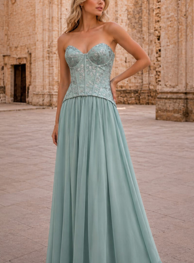 Vestido Corsé Lentejuelas Falda Gasa