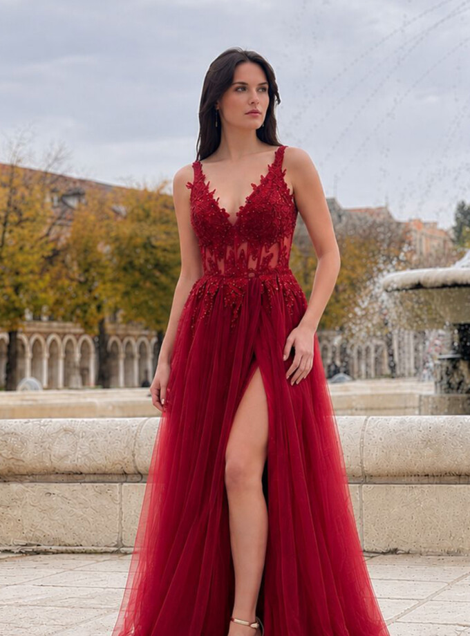 Vestido Tul Largo Corsé Abertura