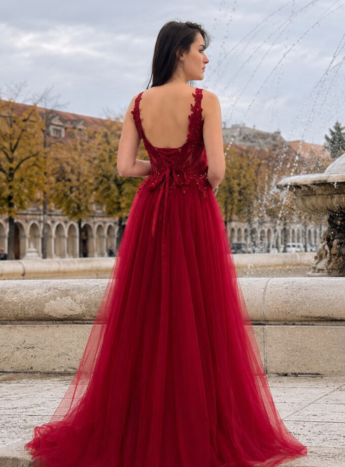 Vestido Tul Largo Corsé Abertura Curvy