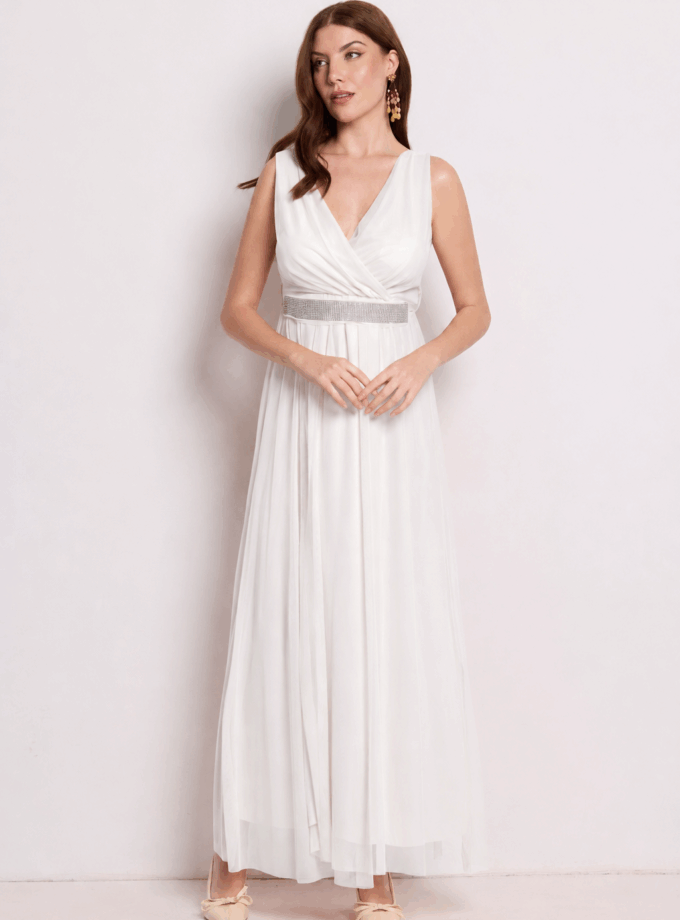 Vestido Tul Basic Cinturón Brillos Novia