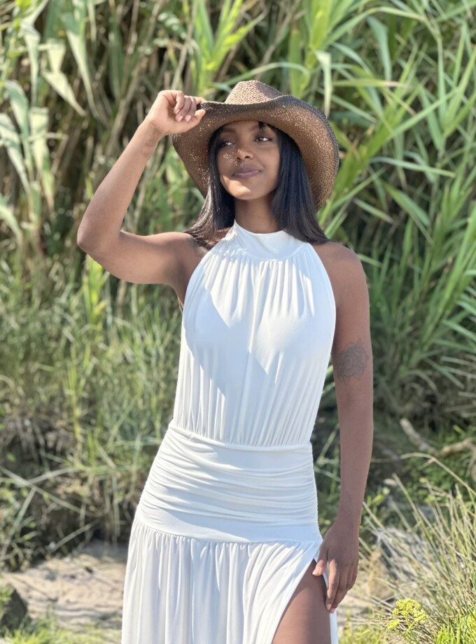 Vestido Halter Cintura Drapeada Blanco
