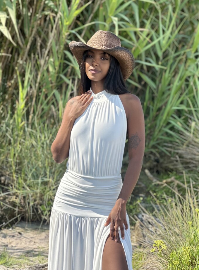 Vestido Halter Cintura Drapeada Blanco