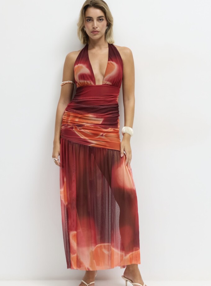 Vestido Tul Estampado Escote