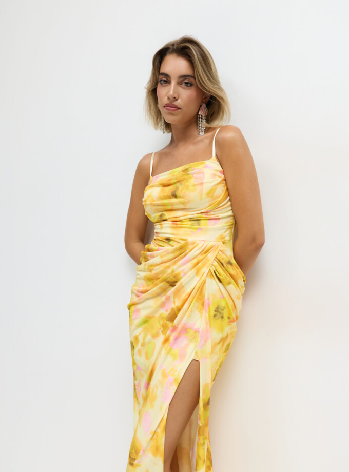 Vestido Cascada Asimétrica Cadera Estampado