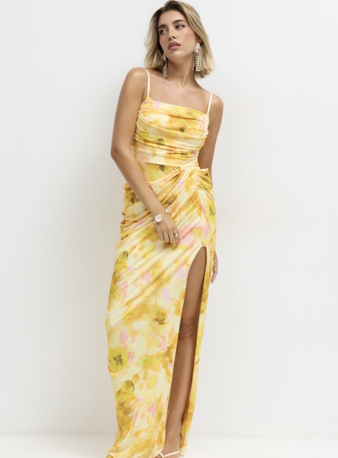 Vestido Cascada Asimétrica Cadera Estampado