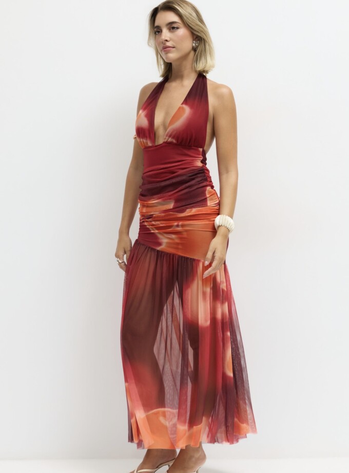 Vestido Tul Estampado Escote