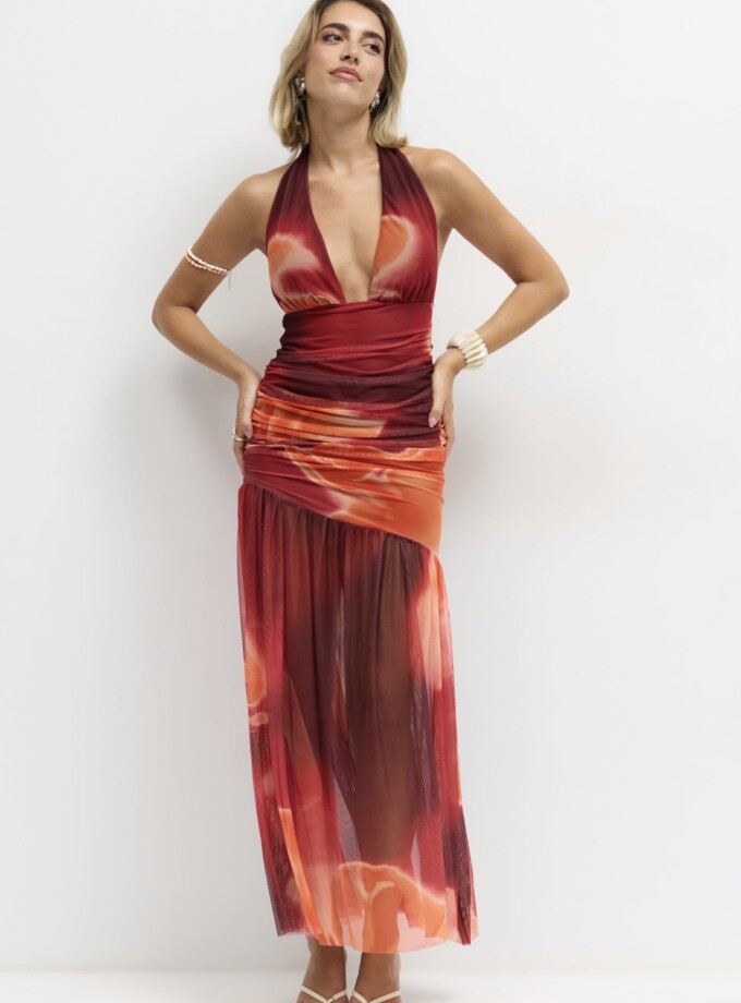 Vestido Tul Estampado Escote