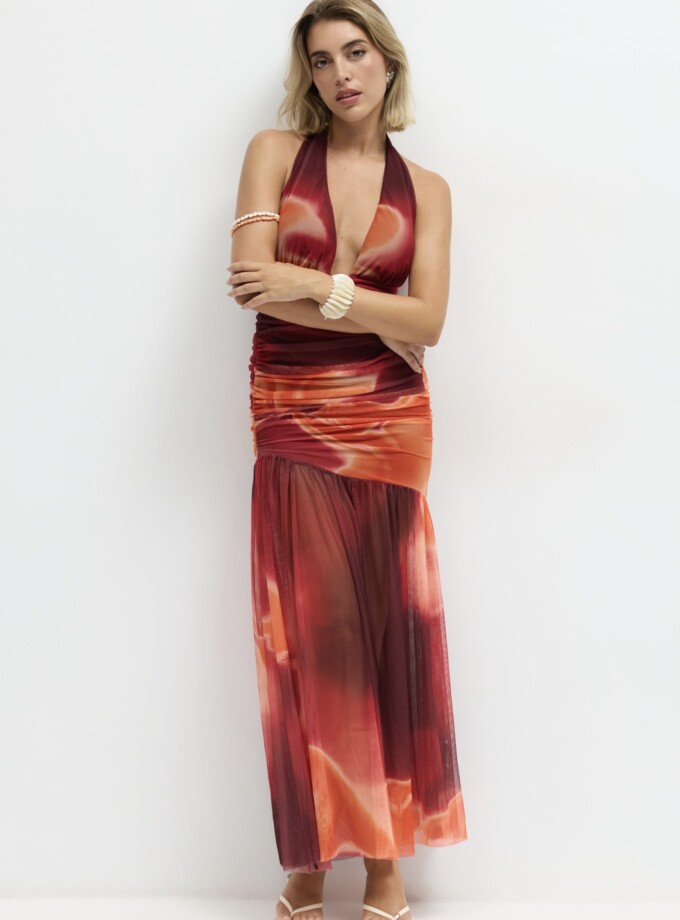 Vestido Tul Estampado Escote